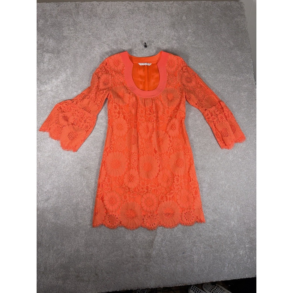 Trina Turk 4 Dress Neon Orange Floral Lace Short Bonita Bell Sleeve Lined
